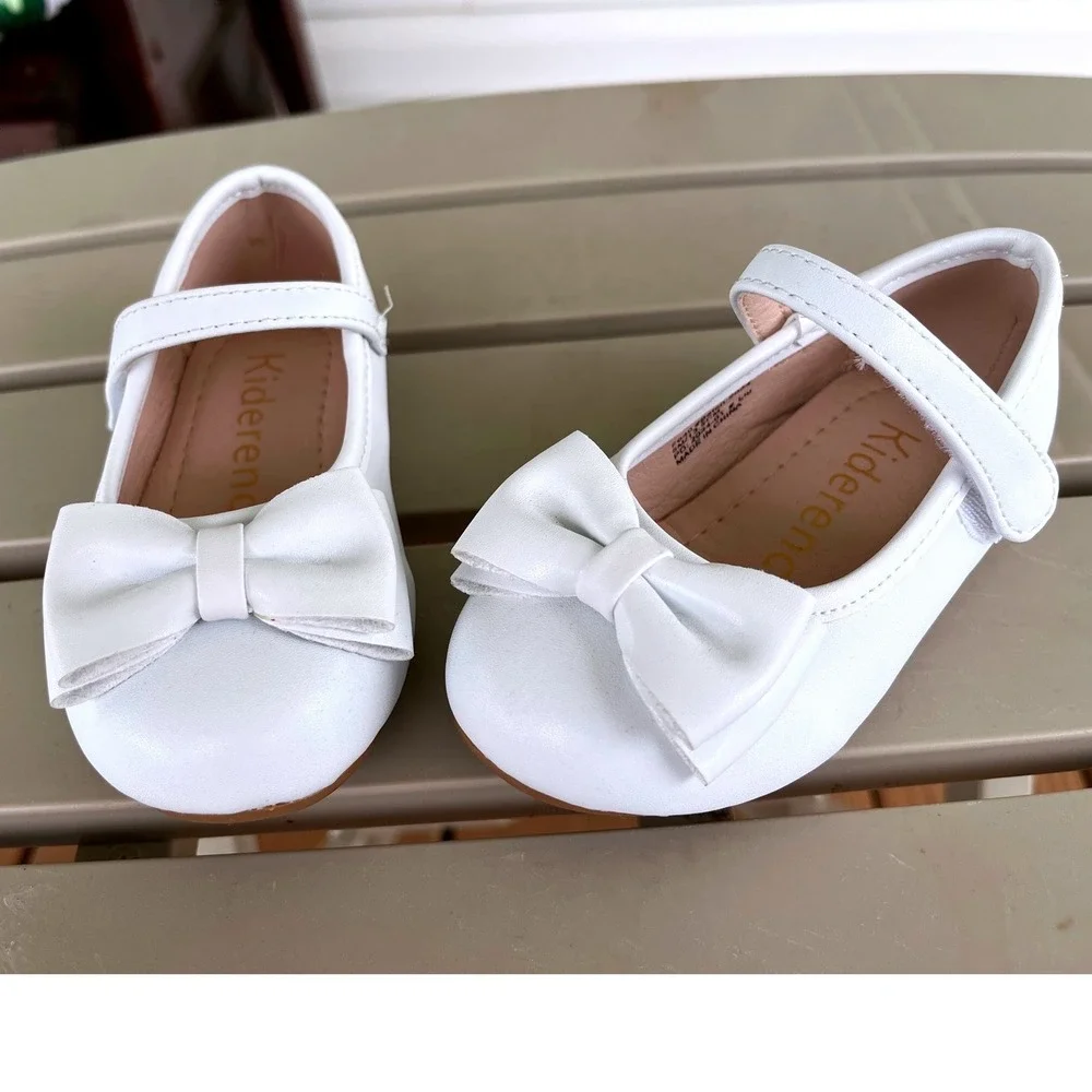 Kiderence Kids White Mary Jane Bow Flats Hook Loop Strap Size 5 (baby)